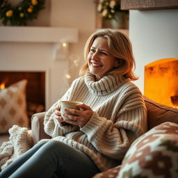 A woman over 30 years old sits comfortably by a cozy fireplace, wearing a warm, oversized sweater