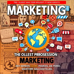 A visually striking book cover design about marketing, titled "Marketing: The Oldest Profession in the World"