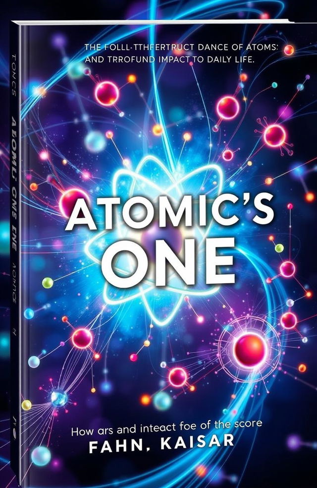 A visually stunning book cover for 'Atomic's One', illustrating the intricate dance of atoms and their profound impact on daily life