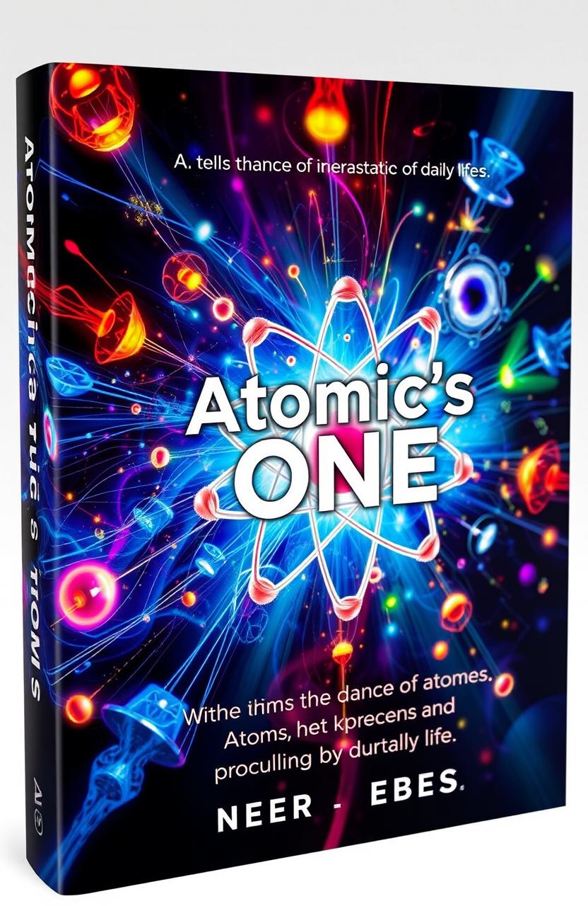 A visually stunning book cover for 'Atomic's One', illustrating the intricate dance of atoms and their profound impact on daily life