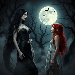 A dark and enchanting scene from a horror romance story featuring two women in a vampire setting