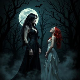 A dark and enchanting scene from a horror romance story featuring two women in a vampire setting