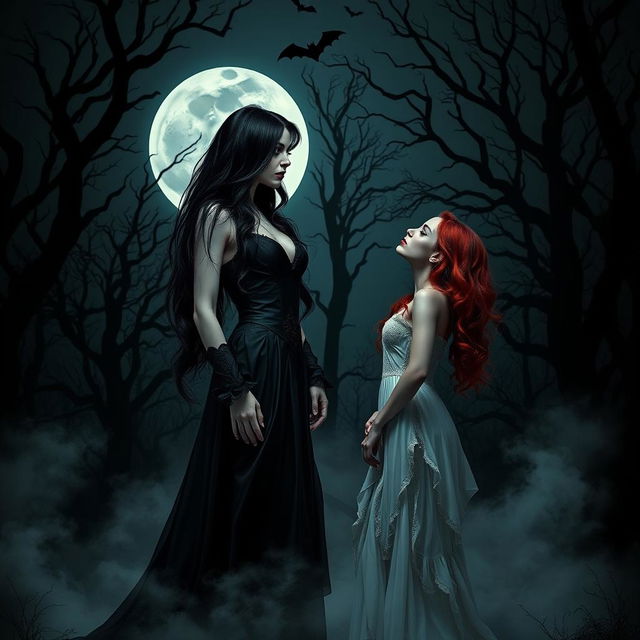 A dark and enchanting scene from a horror romance story featuring two women in a vampire setting