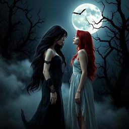 A dark and enchanting scene from a horror romance story featuring two women in a vampire setting