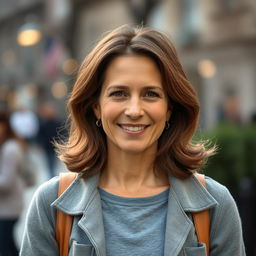A woman aged 35 to 45 years with American features, wearing simple, casual clothing that embodies comfort and everyday style
