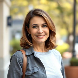 A woman aged 35 to 45 years with American features, wearing simple, casual clothing that embodies comfort and everyday style