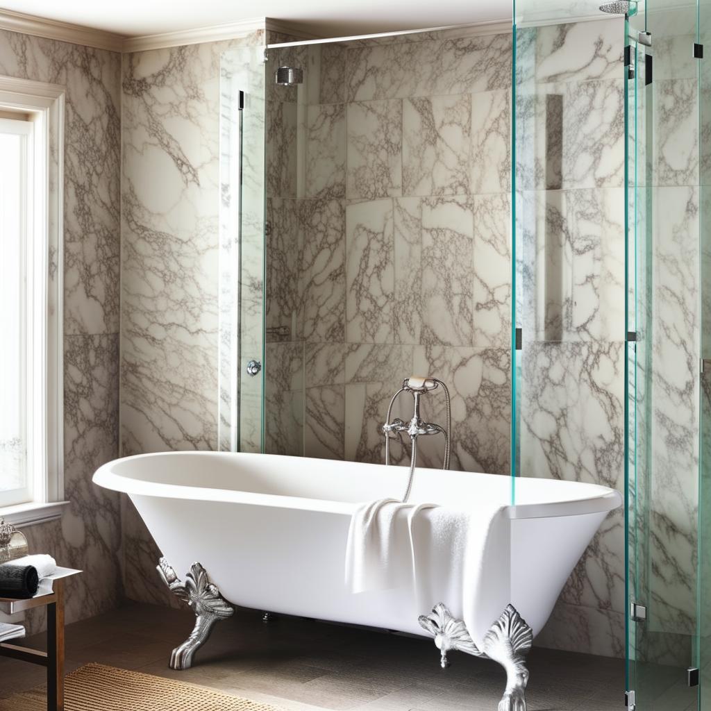 A modern classic bathroom design with a delicate mix of contemporary and traditional elements, featuring a claw-foot bathtub, a sleek glass shower stall, sleek marble top vanity, and chrome fixtures.