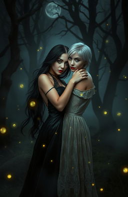 An enchanting yet eerie scene set in a dark, misty forest at night, featuring two beautiful women, both vampires, caught in a tender embrace