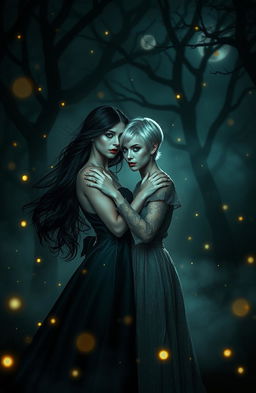 An enchanting yet eerie scene set in a dark, misty forest at night, featuring two beautiful women, both vampires, caught in a tender embrace