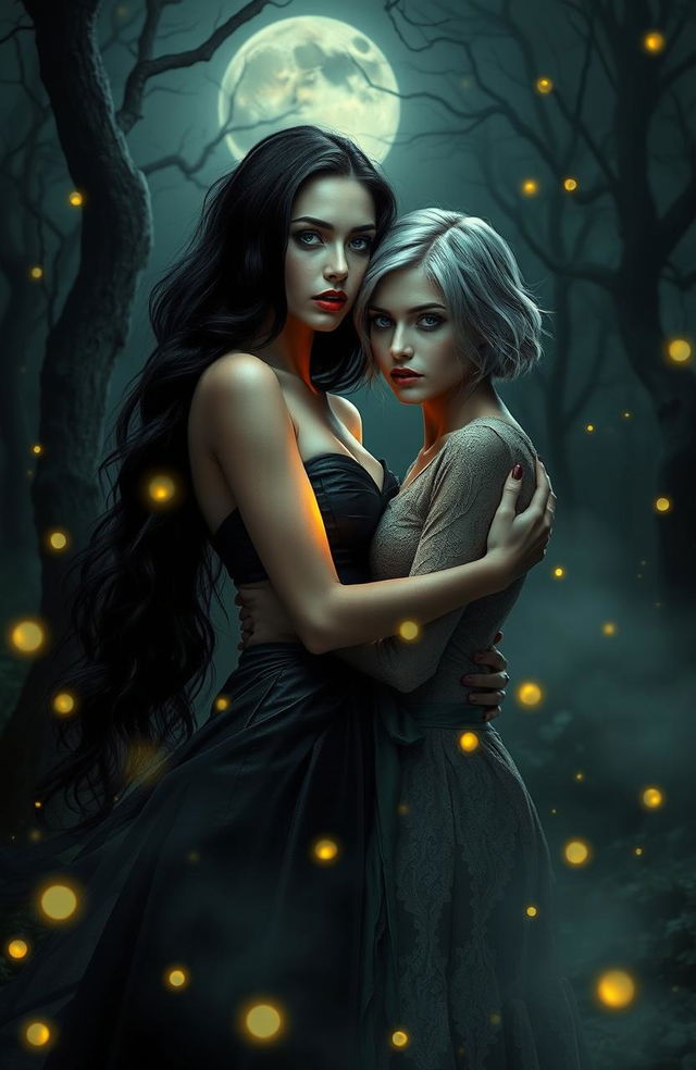 An enchanting yet eerie scene set in a dark, misty forest at night, featuring two beautiful women, both vampires, caught in a tender embrace