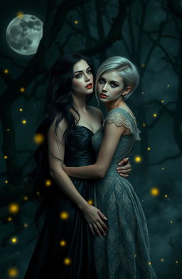 An enchanting yet eerie scene set in a dark, misty forest at night, featuring two beautiful women, both vampires, caught in a tender embrace