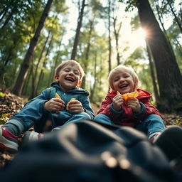 A cinematic close-up shot of two children sitting on the forest floor, laughing and enjoying crispy snacks together