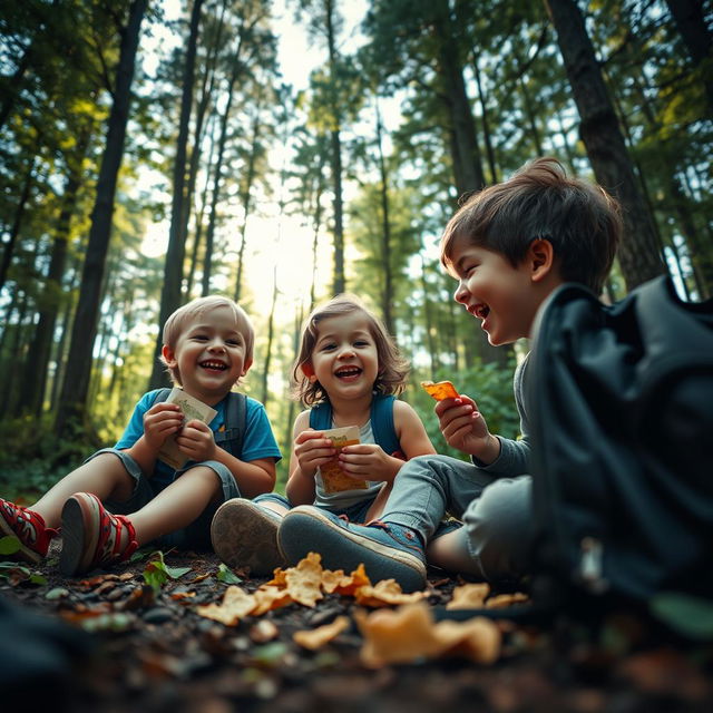 A cinematic close-up shot of two children sitting on the forest floor, laughing and enjoying crispy snacks together