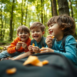 A cinematic close-up shot of two children sitting on the forest floor, laughing and enjoying crispy snacks together