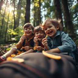 A cinematic close-up shot of two children sitting on the forest floor, laughing and enjoying crispy snacks together