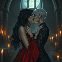 A hauntingly beautiful scene portraying an intense yet romantic moment between two female vampires in a gothic castle