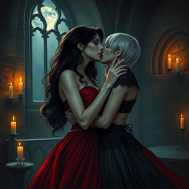 A hauntingly beautiful scene portraying an intense yet romantic moment between two female vampires in a gothic castle