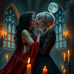 A hauntingly beautiful scene portraying an intense yet romantic moment between two female vampires in a gothic castle