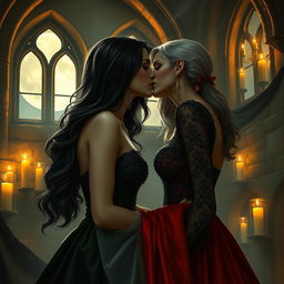 A hauntingly beautiful scene portraying an intense yet romantic moment between two female vampires in a gothic castle