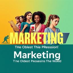 A visually striking book cover design about marketing, titled "Marketing: The Oldest Profession in the World", featuring diverse women as central figures