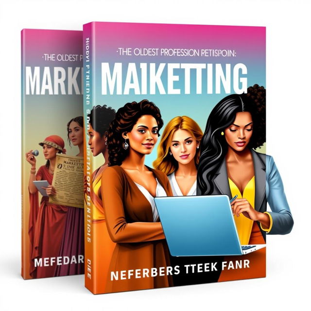 A visually striking book cover design about marketing, titled "Marketing: The Oldest Profession in the World", featuring diverse women as central figures