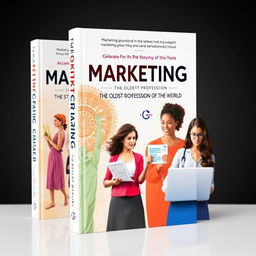 A visually striking book cover design about marketing, titled "Marketing: The Oldest Profession in the World", featuring diverse women as central figures