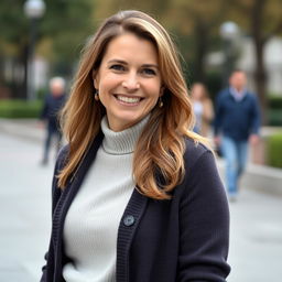 A woman aged 35 to 40 years with a classic American appearance, dressed in simple yet stylish clothes such as a comfortable sweater and jeans