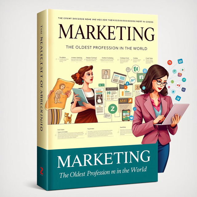 A visually captivating book cover design about marketing, titled "Marketing: The Oldest Profession in the World", featuring diverse women as central figures