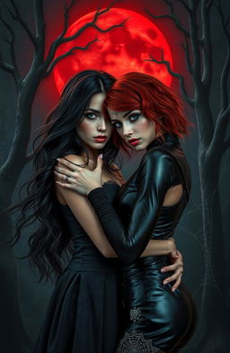 A gripping scene from a horror romance featuring two beautiful women, entwined in a passionate embrace under a blood-red moon