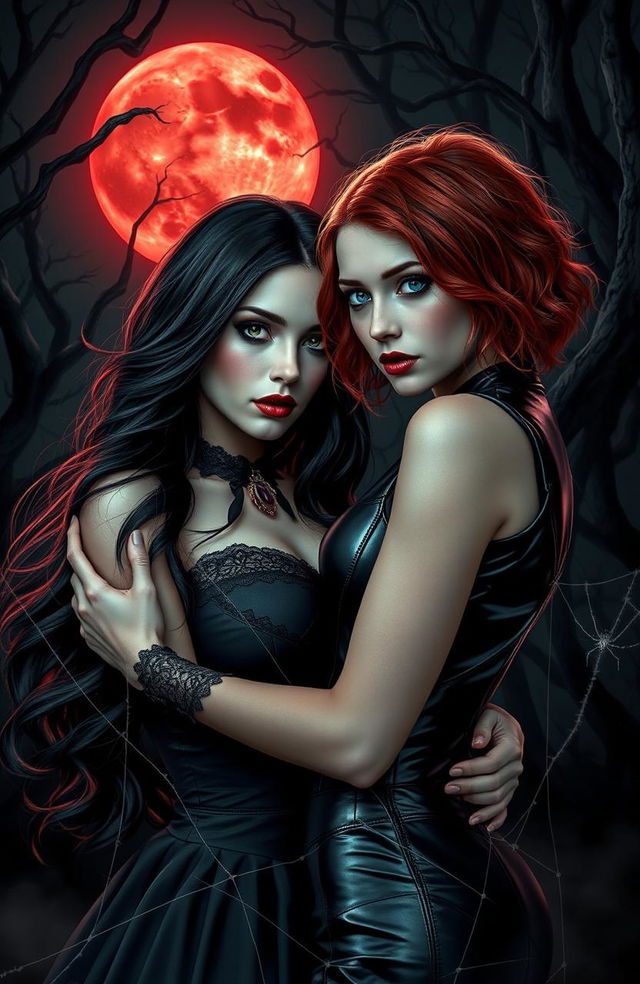 A gripping scene from a horror romance featuring two beautiful women, entwined in a passionate embrace under a blood-red moon