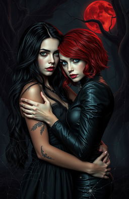 A gripping scene from a horror romance featuring two beautiful women, entwined in a passionate embrace under a blood-red moon
