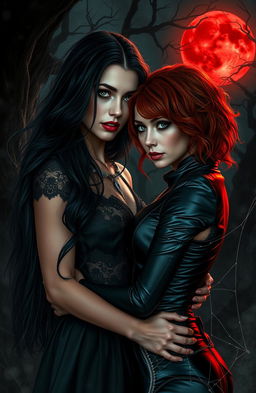 A gripping scene from a horror romance featuring two beautiful women, entwined in a passionate embrace under a blood-red moon