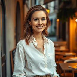 A woman aged 37 to 45 years with a European appearance, dressed in simple, elegant clothes like a relaxed shirt and tailored trousers