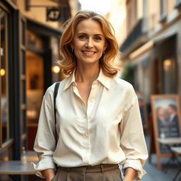 A woman aged 37 to 45 years with a European appearance, dressed in simple, elegant clothes like a relaxed shirt and tailored trousers