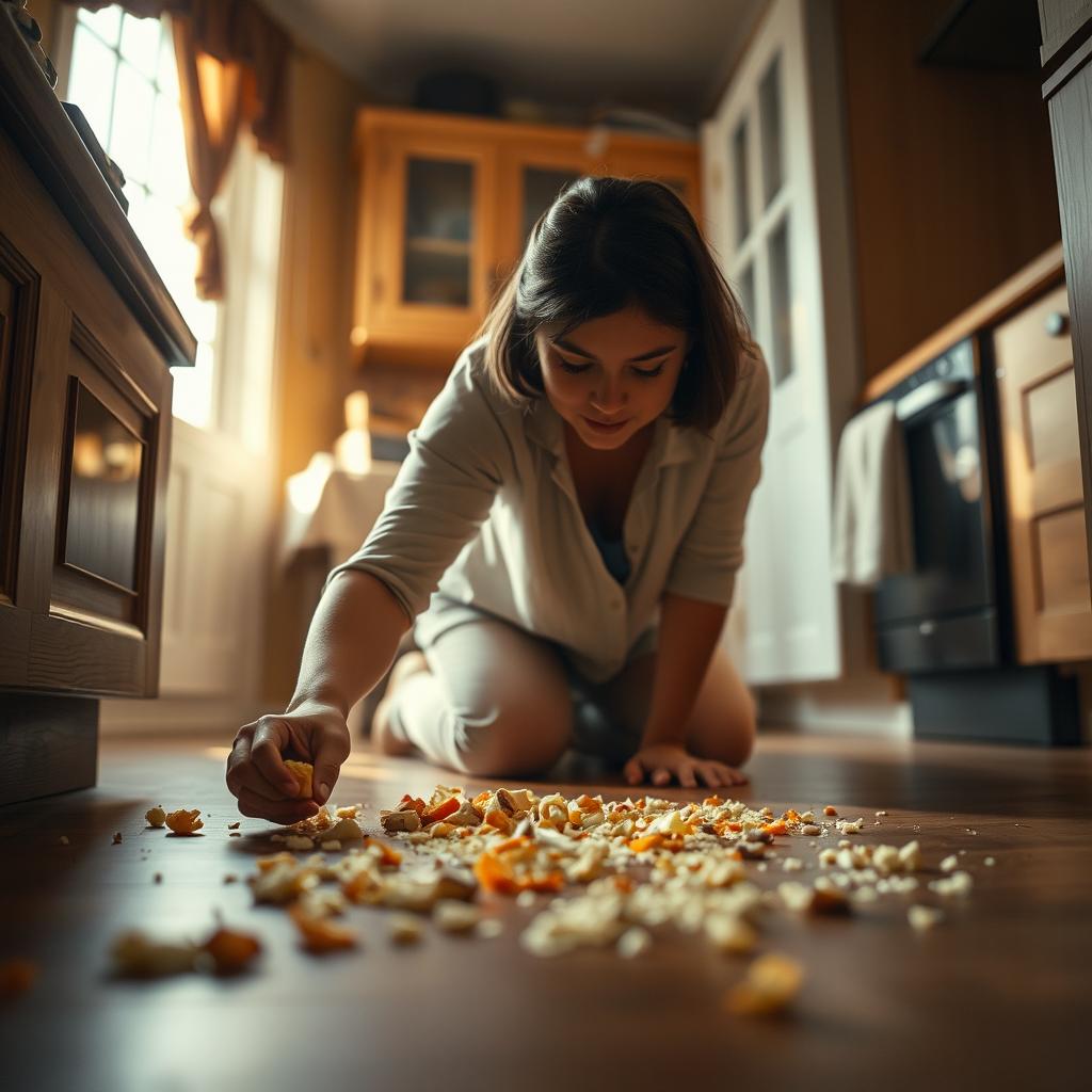 A cinematic shot captured from a sideways angle, lying on the kitchen floor, providing an intimate perspective of the scene