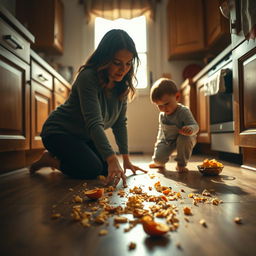 A cinematic shot captured from a sideways angle, lying on the kitchen floor, providing an intimate perspective of the scene