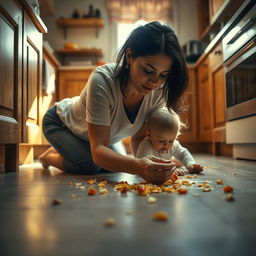 A cinematic shot captured from a sideways angle, lying on the kitchen floor, providing an intimate perspective of the scene