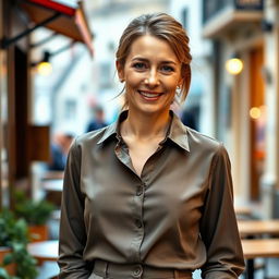 A woman aged 37 to 44 years with a European appearance, dressed in simple yet stylish clothing such as a well-fitted blouse and comfortable trousers