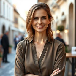 A woman aged 37 to 44 years with a European appearance, dressed in simple yet stylish clothing such as a well-fitted blouse and comfortable trousers