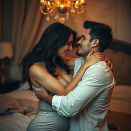 A sensual and intimate scene featuring a couple in a passionately romantic moment, emphasizing their connection and chemistry