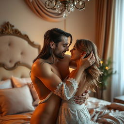 A sensual and intimate scene featuring a couple in a passionately romantic moment, emphasizing their connection and chemistry