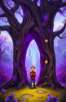 A teenage boy named Joey standing next to an ancient tree in a magical forest, surrounded by a mystical purple glow