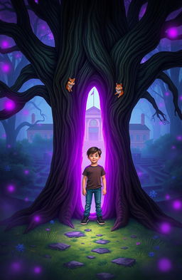 A teenage boy named Joey standing next to an ancient tree in a magical forest, surrounded by a mystical purple glow