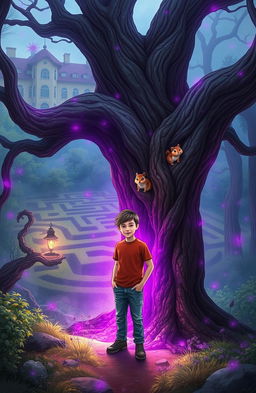 A teenage boy named Joey standing next to an ancient tree in a magical forest, surrounded by a mystical purple glow