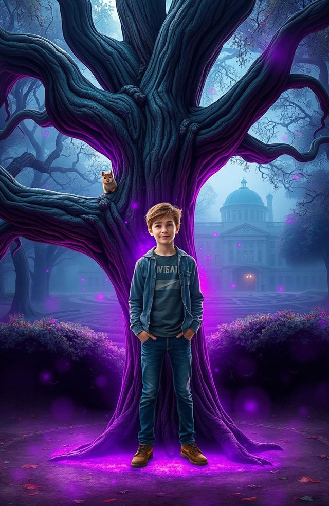 A teenage boy named Joey standing next to an ancient tree in a magical forest, surrounded by a mystical purple glow