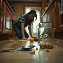 A cinematic shot captured from a sideways angle, lying on the kitchen floor, offering an engaging perspective of the scene