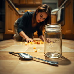 A cinematic shot captured from a sideways angle, lying on the kitchen floor, offering an engaging perspective of the scene
