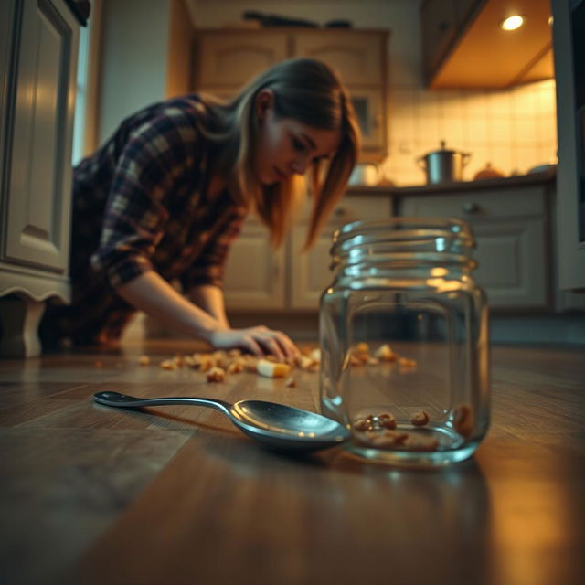 A cinematic shot captured from a sideways angle, lying on the kitchen floor, offering an engaging perspective of the scene