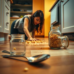 A cinematic shot captured from a sideways angle, lying on the kitchen floor, offering an engaging perspective of the scene