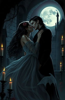 A hauntingly beautiful scene depicting a romance between two women, one of whom is a vampire